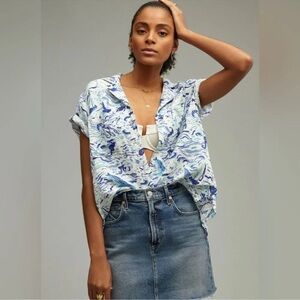 NWT Anthropologie Maeve Nautical Linen Blouse XS Coastal Ocean Print